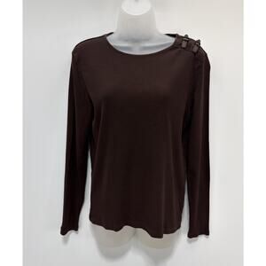 Ralph Lauren Brown Long Sleeve Leather Strap Shoulder Detail Ribbed Knit Top XL